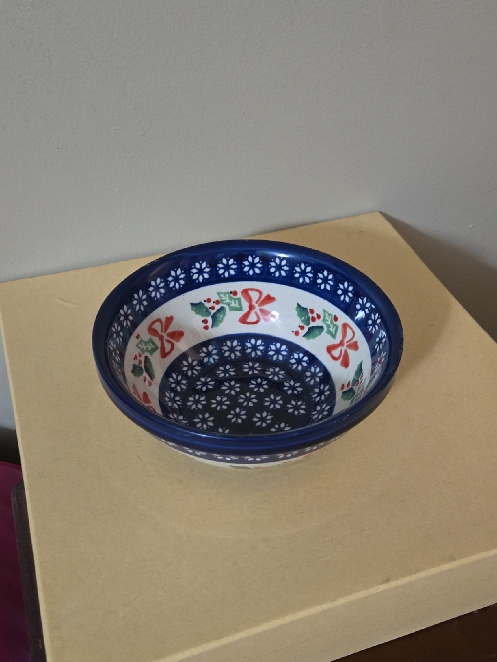 Polish Pottery Boleslawiec Hand-Painted Ceramic Bowl in Blue, White, Red & Green